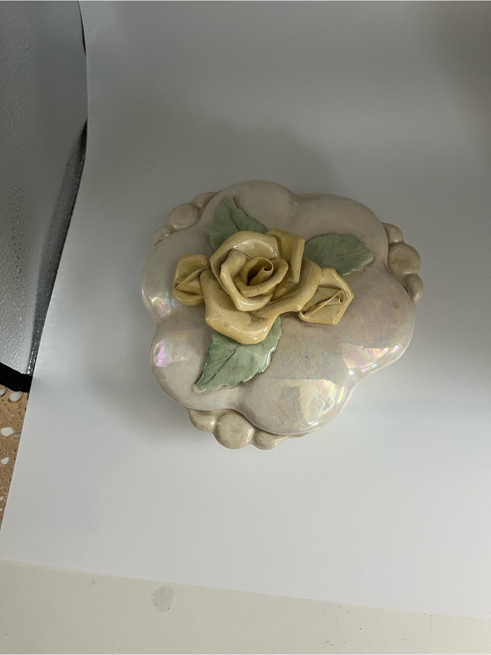 Ceramic Floral Trinket Box with Yellow Rose